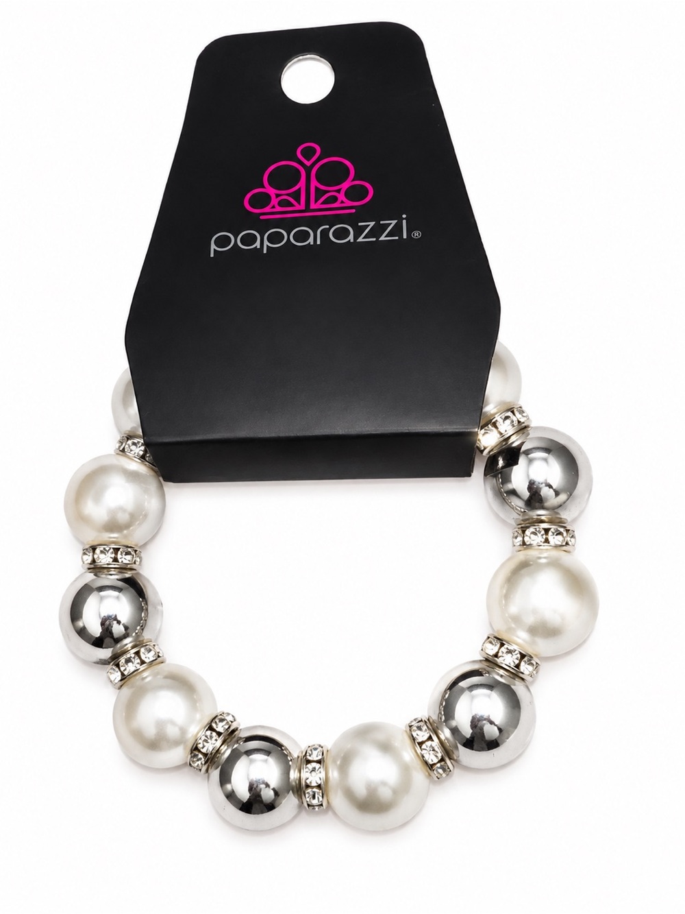 paparazzi Silver & White Pearl Stretch Bracelet with Rhinestone Accents